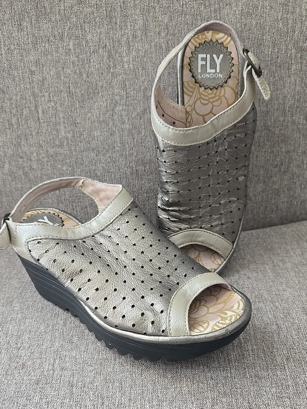 Fly London Silver Taupe Metallic Perforated Wedge Sandals